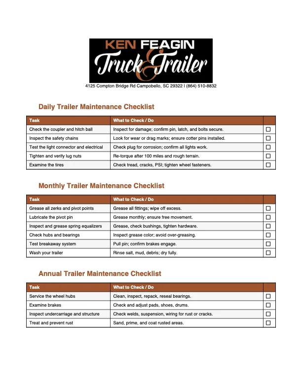 Daily, monthly, and annual trailer maintenance checklists